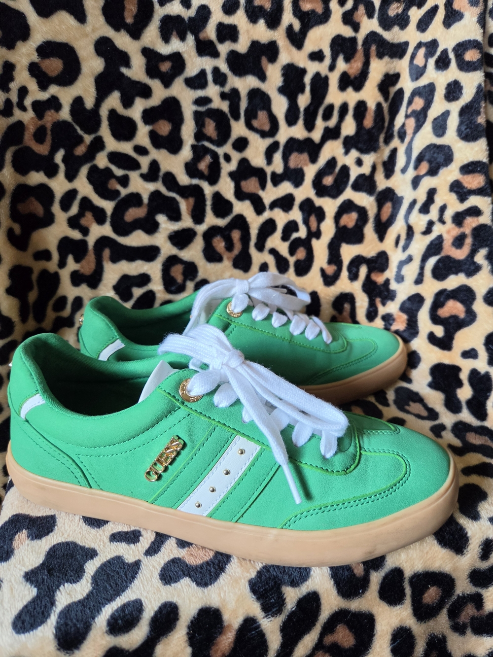 Guess Green and White Women's Sneakers with Tan Sole